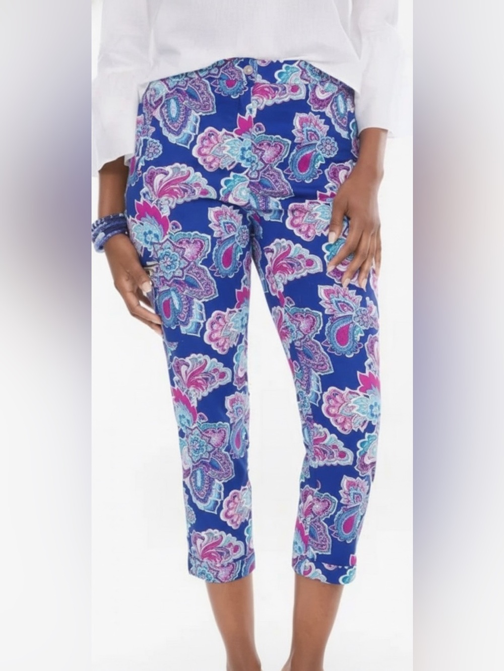 Chico's Bright Blue Paisley Cropped Stretch Capris NWOT SZ 12